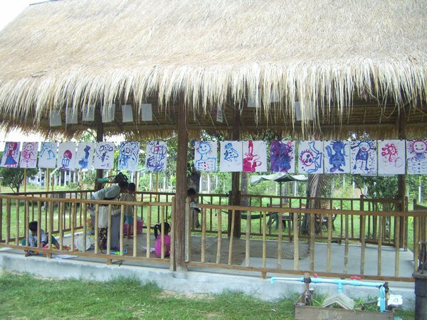 The classroom decorated with children's paintings