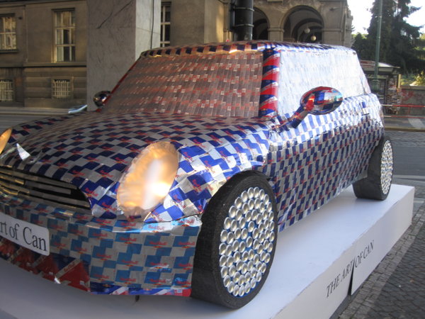 Car made out of Red Bull cans
