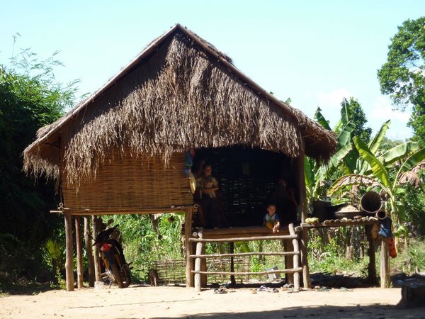 Typical Khmer house of a tribe family during trekking