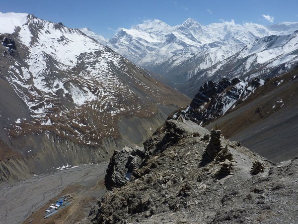 View from the viewpoint towards Thorung Phedi 500m below