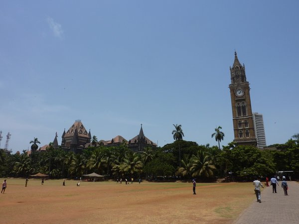 Cricket downtown Mumbai in Oval Maidan with the university building in the background