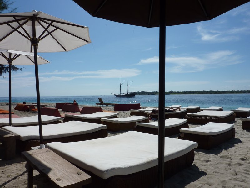 Gili T - View from our beach spot with our sailing ship in the background