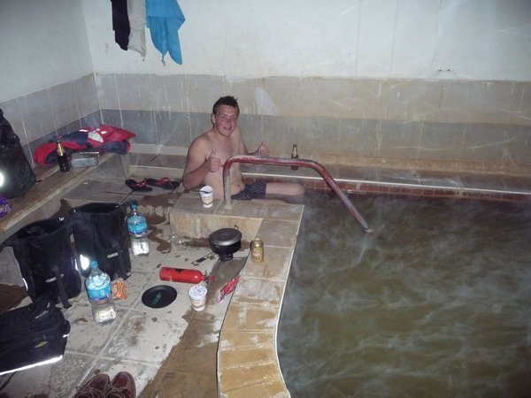 An unusual camp. Dinner in a volcanic bath?