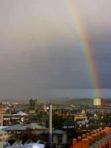 Rainbow over Paisley - town hall and the abbey