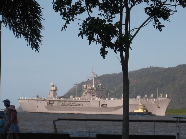 Warship Blue Ridge docks