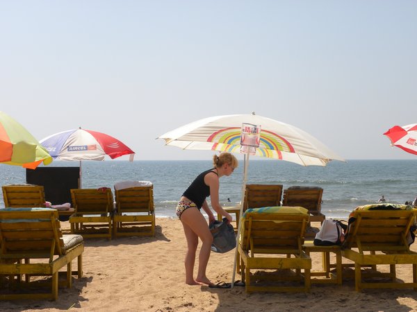 Beach scene, loungers, umbrellas provided