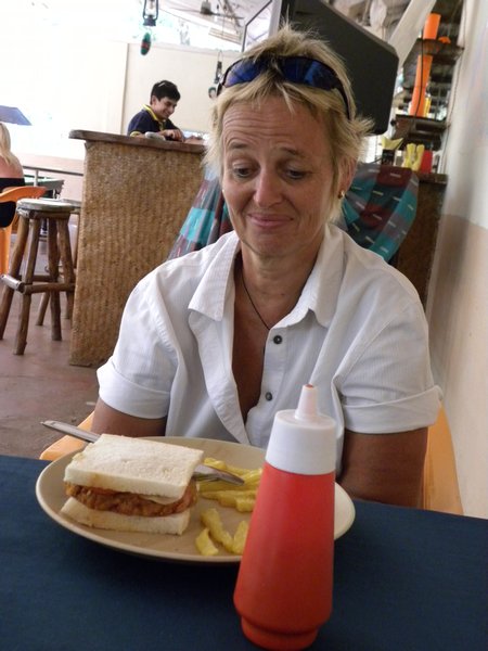 Jude unimpressed with the Goa version of a toasted sandwich. "Have another Kingfisher Dear" 