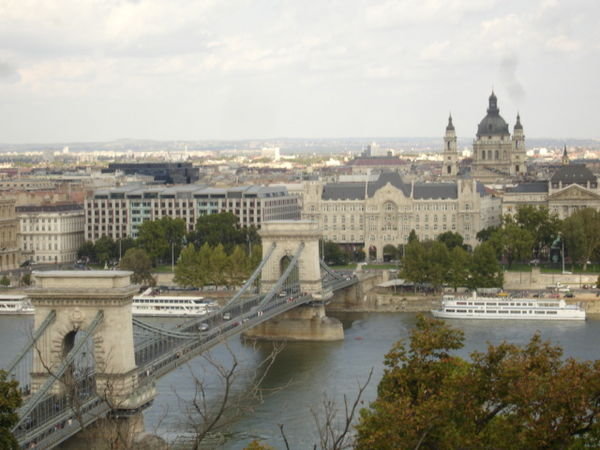 chain bridge and view of Pest