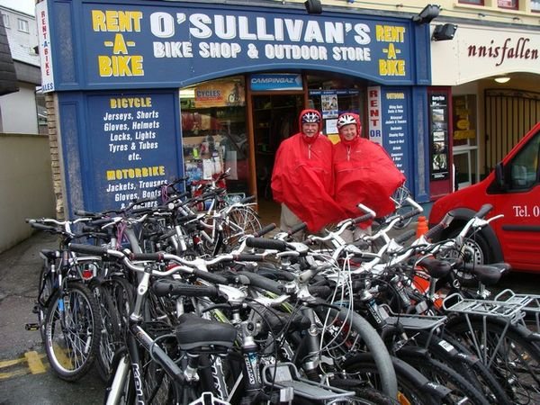 Kel and Bob with new rain gear for biking in Ireland 