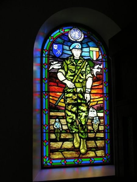 This is an unusual stained glass window, the church was next to an army base