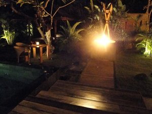 fire pit lit up in our villa