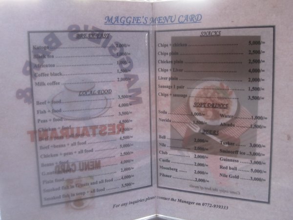 The menu at Maggies