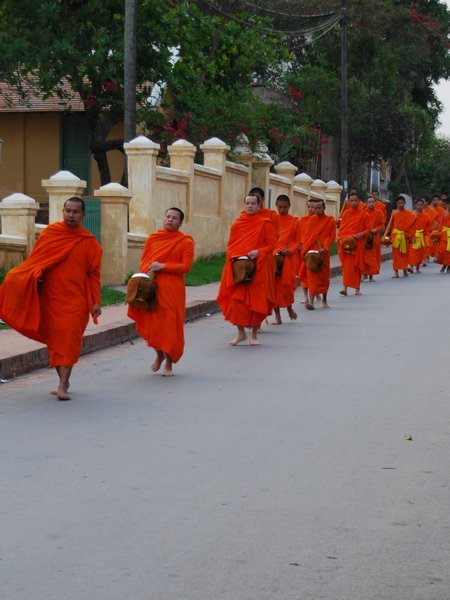 Collecting alms in the morning, notice the monks at the head in all orange and the novices with yellow belts behind.