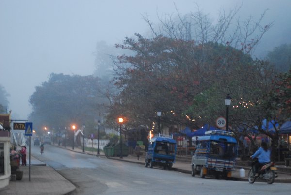 Early morning fog in the center of town