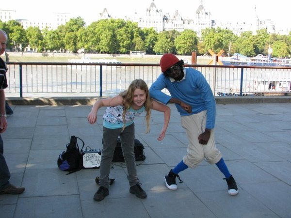 Hannah & a mime dancer on the banks of The Thames River - He was very good