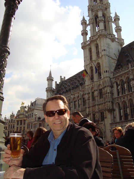 Enjoying a beer in the Grand Place in Brussels