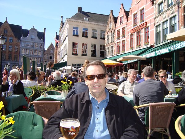 Enjoying a beer in the Grote Markt in Bruges