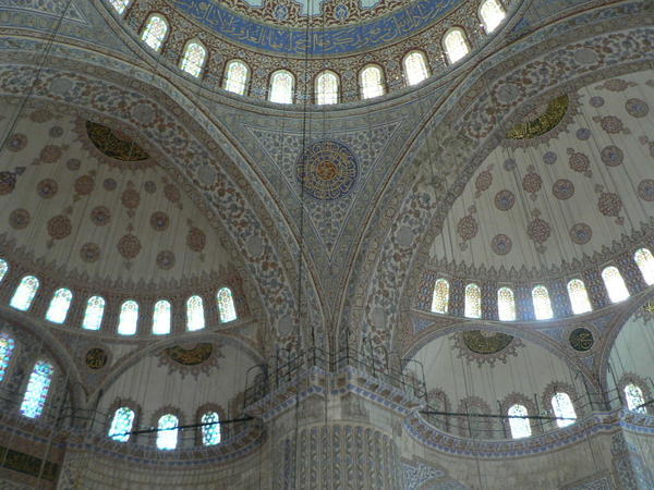 Looking up toward the roof in the Blue Mosque