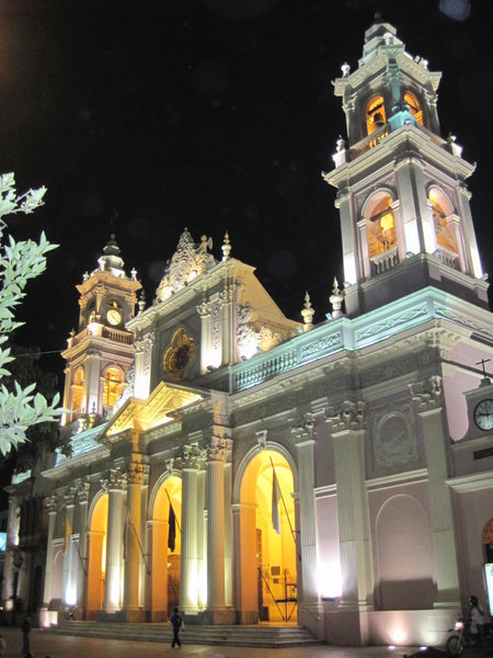 Church in the plaza at night