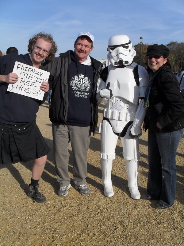 A storm trooper and an atheist giving free hugs!