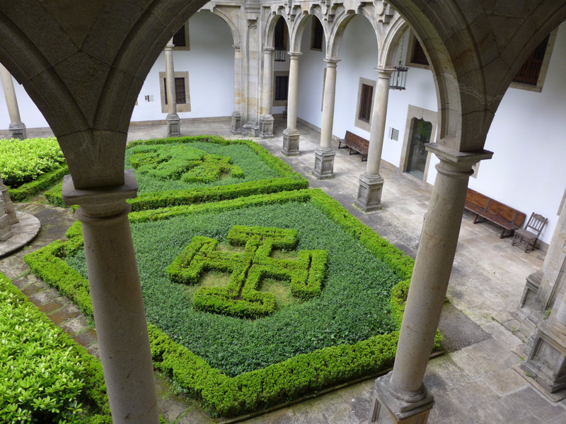 Crusaders cross in one of the gardens of the 1499 pilgrims hospital turned into the Parador hotel we stayed at
