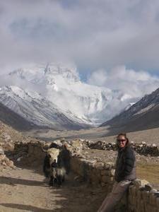 Myself and friend outside Rongbuk monastery with the tip of Everest in clouds....
