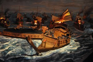 3-D and moving replica of a famous ship battle