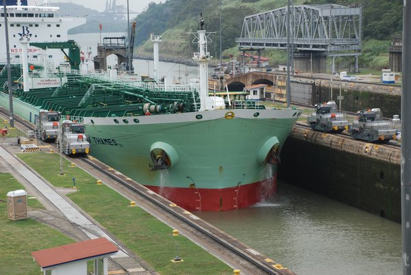 Panama Canal - a boat passing in the miraflores locks
