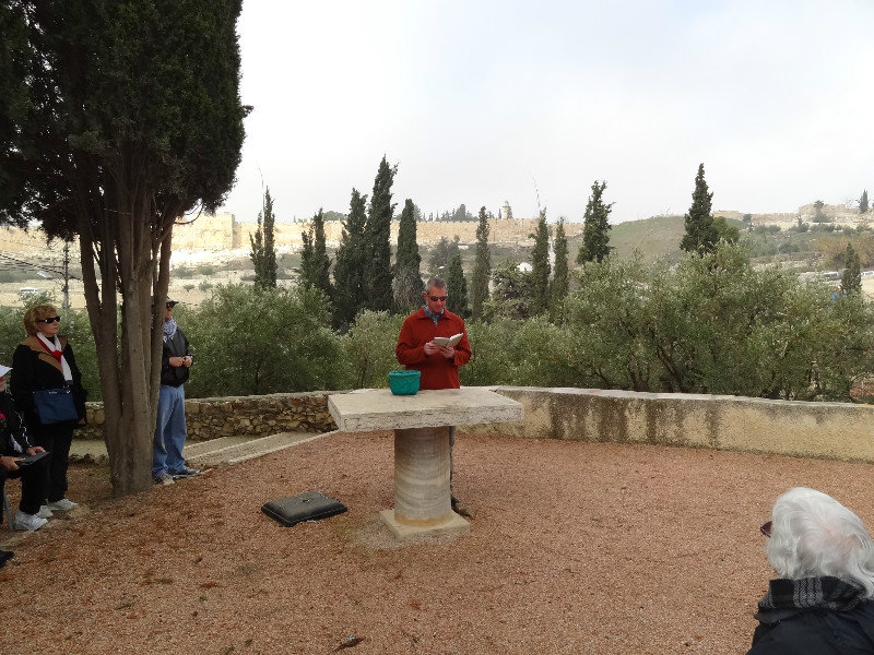 Trey Little speaking at the Garden of Gethsemane
