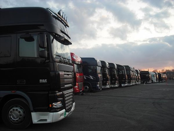Twenty of the thirty trucks parked in Oberhausen