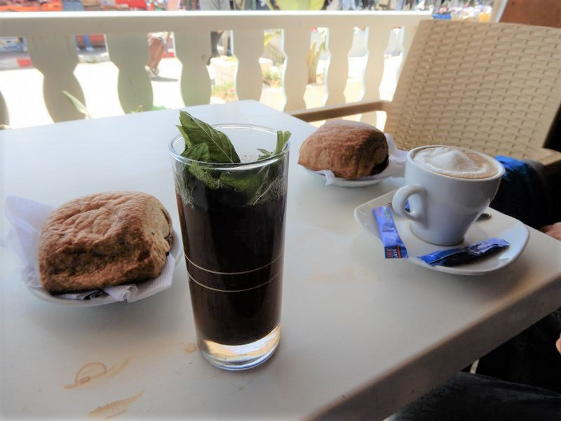 Enjoying Mint Tea, Coffee and a "French" Pastry 