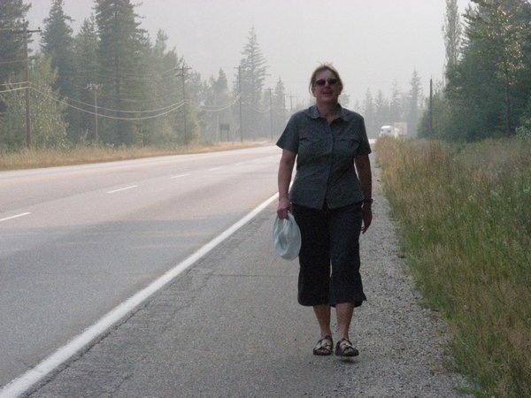 Suzanne walking the TCH for a tow truck!