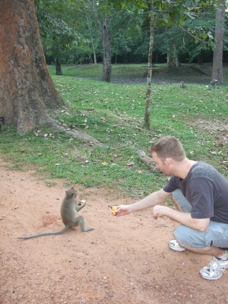Pete feeding monkey a bananna