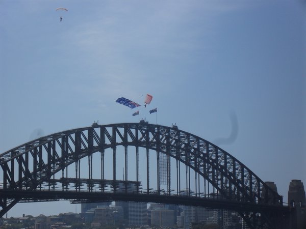 Parachuters descending into Sydney Harbour