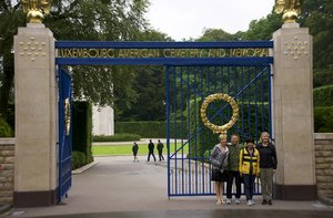 Marianne, Dean, Jennie, and Lucie at entrance to Luxembourg American Cemetery and Memorial