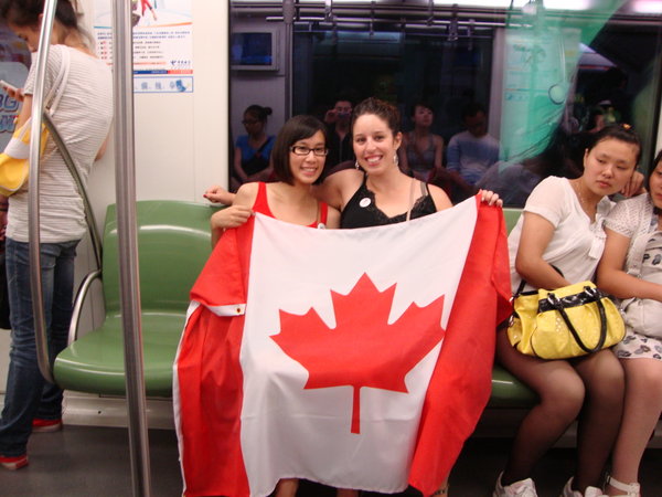 showing our Canadian pride on the subway-ride home