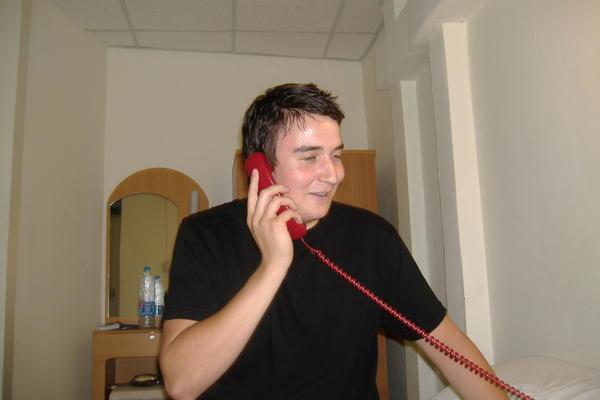 On the phone to the ladyboy receptionist!