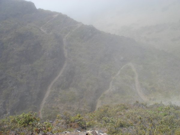 Looking down on some of the switchbacks in the mist