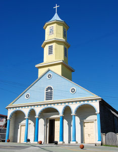 one of many colourful churches on Chiloe