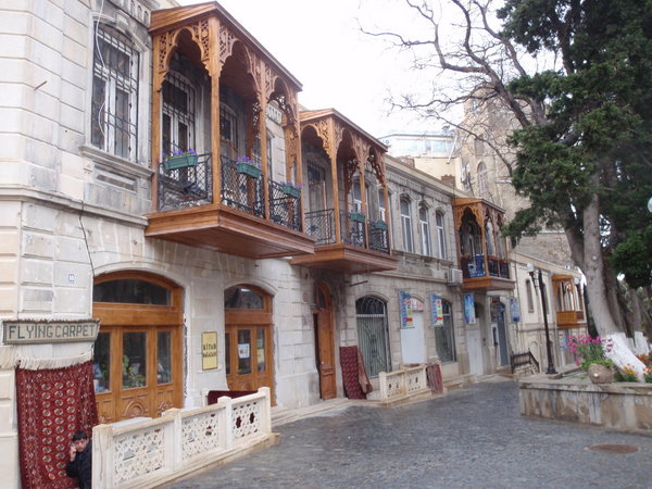 Baku - traditional overhanging houses and cobbled streets