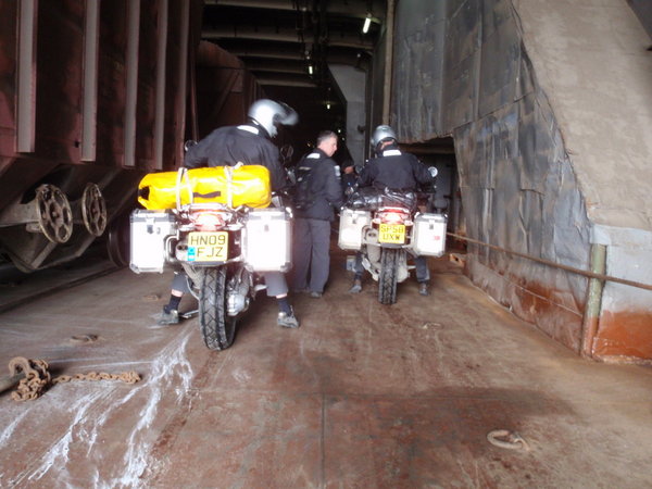 the bikes rowed up in the bowels of the "ferry" next to the railway carriages