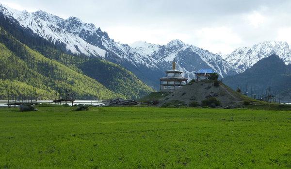 ..across the fields to our destination - the village shrine on the edge of the lake