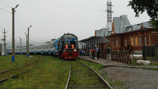 boarding the train at Port Baikal