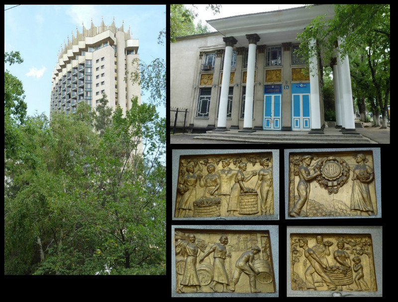 Hotel Kazakhstan (1977) a soviet era landmark & the ex-Ministry of Agriculture (1936) with its wounderful 'happy peasant' reliefs
