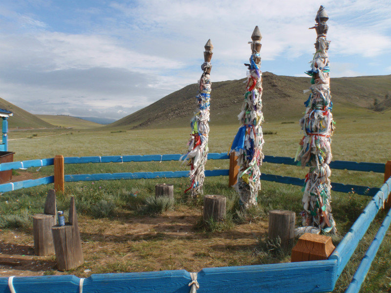 we are in Buryat territory where shamanic shrines line the roadside