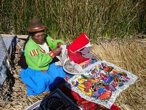 Uros lady embroidering