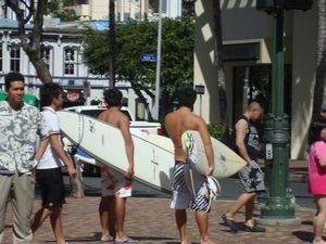 Hawaiian surfers on the street