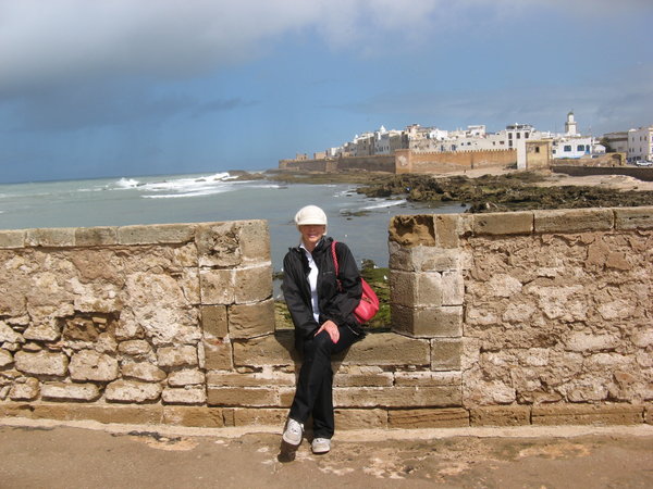 Jane with medina ramparts and strong seas