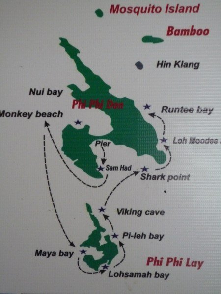Main village is on thin strip of land where it says “Pier” on the large island of Phi Phi Don