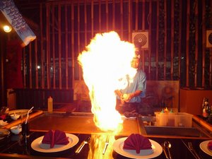 Impressive flames at the Hibachi Grill, Sanur